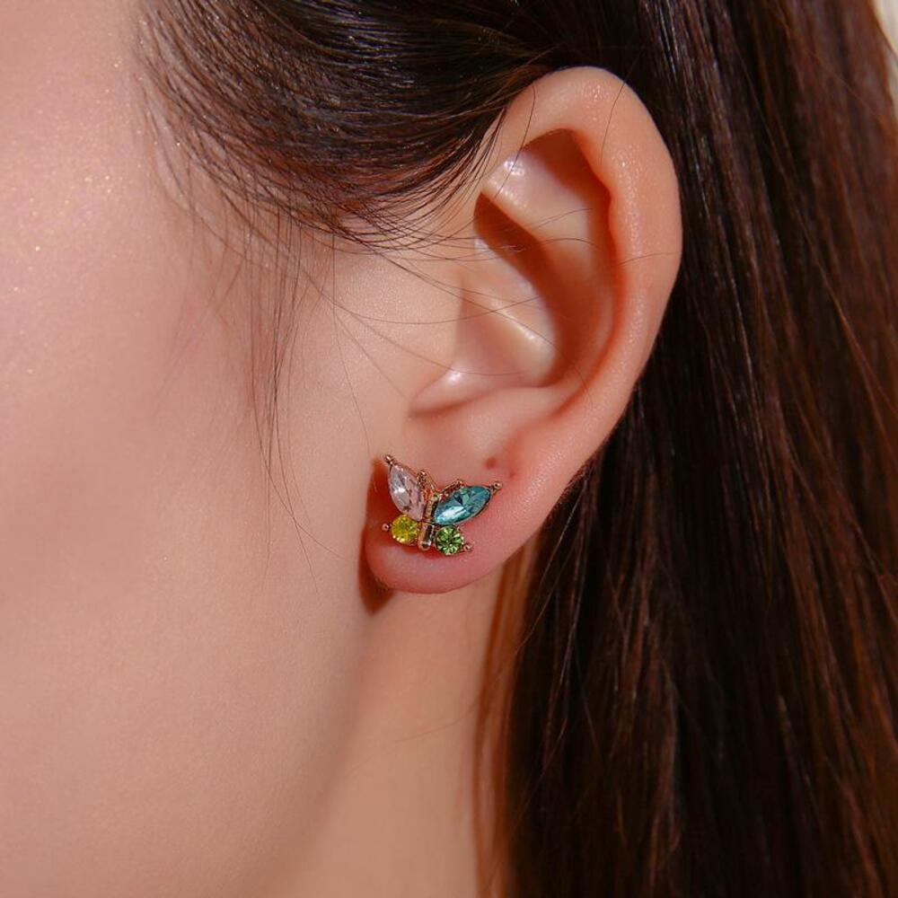 Butterfly Gemstone Stud Earrings Gold Fashion Jewelry Colorful Pink Blue Green